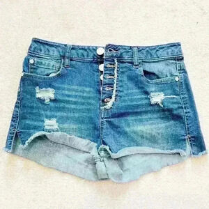 Refuge Shorts Size 4 Womens Girlfriend Cut Off Mid Rise Button Fly Blue Denim